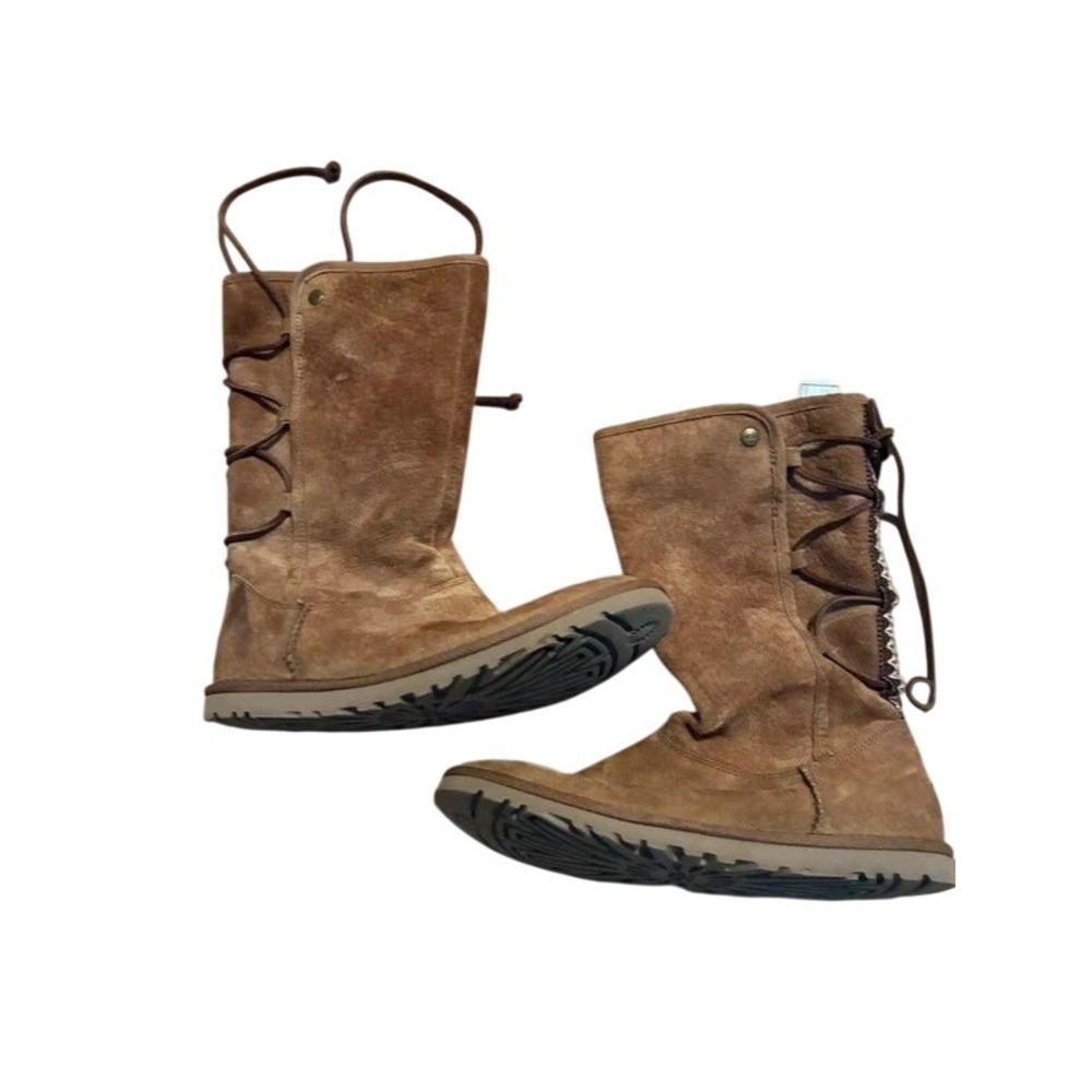 UGG Lace Up Boots Women Size 7 Chestnut Suede Embroidered Mid Calf Bohemian